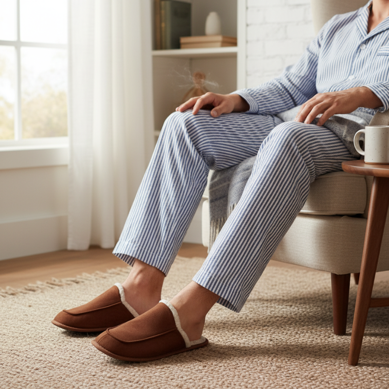 Descubra o conforto supremo com estes chinelos de quarto em castanho, perfeitos para os momentos de relaxamento em casa.

Confeccionados em material sintético de qualidade premium com acabamento em tons quentes de castanho, estes chinelos combinam estilo e funcionalidade num design atemporal. O interior apresenta um forro branco macio e acolhedor que proporciona uma sensação de conforto imediato, mantendo os pés aquecidos durante todo o dia.