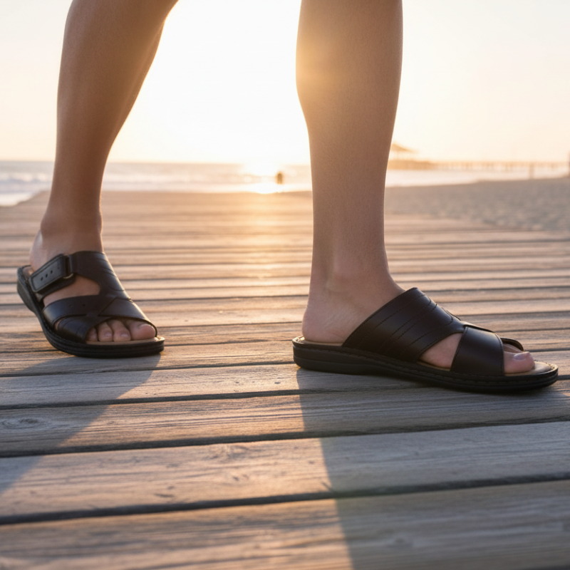 Fabricado em pele, este chinelo masculino combina o conforto de um calçado casual com a elegância discreta de um acabamento premium. As três tiras largas em pele castanha escura, com detalhe de furos e fecho em velcro ajustável, garantem um ajuste seguro e personalizado ao pé.