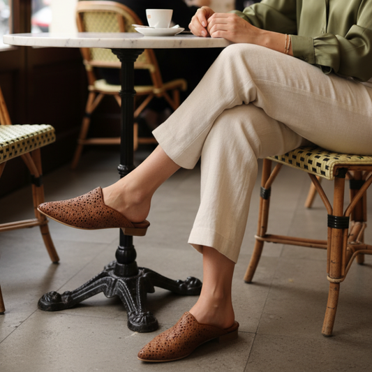 Com um design que equilibra sofisticação e conforto, esta mule plana em couro camel é uma peça de carácter inconfundível.&nbsp;

O cabedal em pele com recortes e padrão de perfurações circulares confere leveza e movimento ao modelo, enquanto a forma pontiaguda alonga a silhueta com elegância natural.