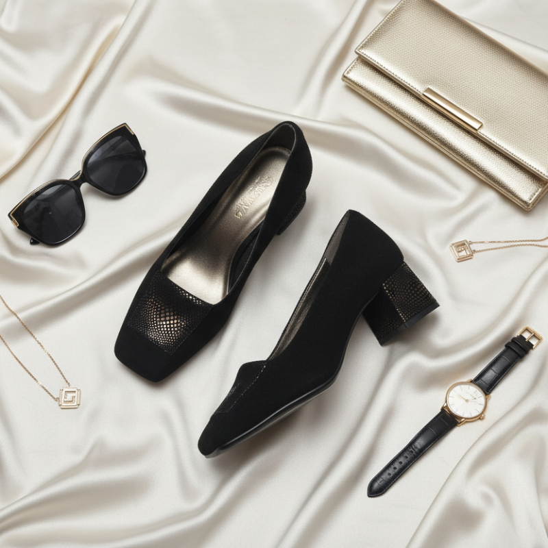 Descubra a elegância intemporal deste sapato de salto em camurça preta, uma peça essencial para a mulher sofisticada que valoriza o conforto sem comprometer o estilo.

Fabricado em camurça de alta qualidade, este modelo apresenta um acabamento luxuoso que complementa qualquer ocasião, desde o ambiente profissional até eventos noturnos especiais.