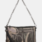 Uma peça que equilibra arte e funcionalidade.

Com um design gráfico exclusivo em tons de preto, bege e dourado envelhecido, esta carteira a tiracolo destaca-se pelo painel frontal com motivos caligráficos e detalhes em strass que captam a luz com subtileza.