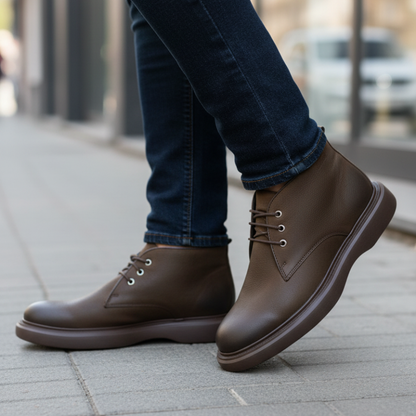 A desert boot em pele castanha é um clássico intemporal que transcende tendências e estações.

Fabricada em pele de qualidade com acabamento natural que ganha caráter com o uso, esta bota minimalista destaca-se pela sua elegância discreta e versatilidade incomparável. O design clean com apenas três ilhós e atacadores ton sur ton mantém o design depurado, enquanto a construção cuidada garante durabilidade e conforto duradouro.