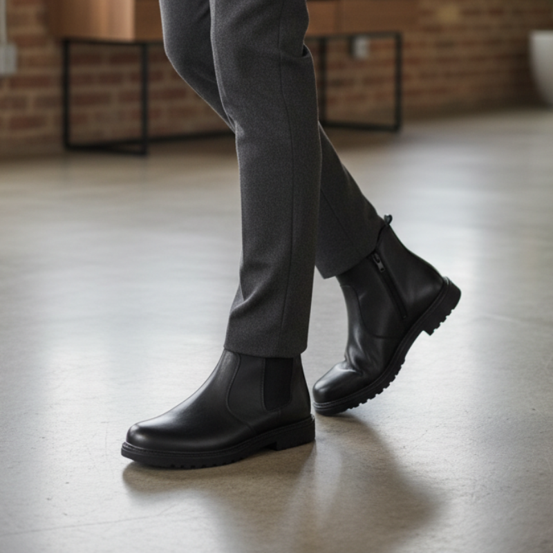 As botas Chelsea em pele preta são a definição de elegância intemporal com um toque contemporâneo.

Fabricadas em pele de alta qualidade com acabamento liso, estas botas combinam a silhueta clássica Chelsea com uma sola robusta que adiciona caráter e conforto ao design. O elásticos lateral e o fecho de correr garantem um calce perfeito e facilitam o calçar, enquanto a construção cuidada assegura durabilidade e sofisticação em cada detalhe.