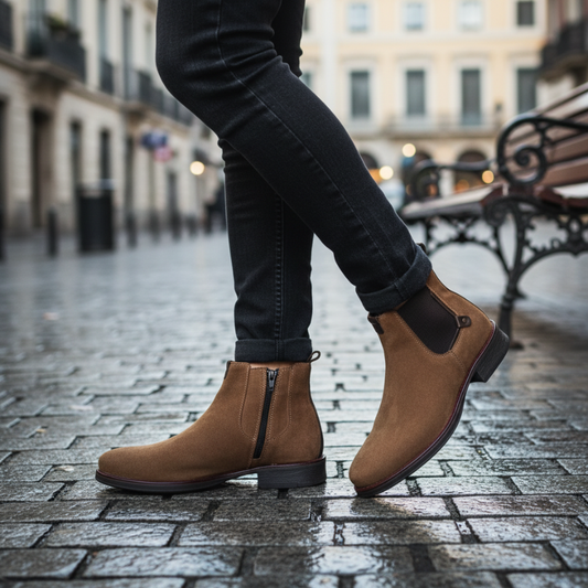 Descubra o equilíbrio perfeito entre estilo clássico e conforto contemporâneo com estas botas chelsea em camurça premium.

Desenhadas para o homem moderno que valoriza qualidade e versatilidade, estas botas são o complemento ideal para qualquer guarda-roupa. Fabricadas em camurça, com fecho lateral para facilitar o calçar e sola de borracha, resistente e confortável.