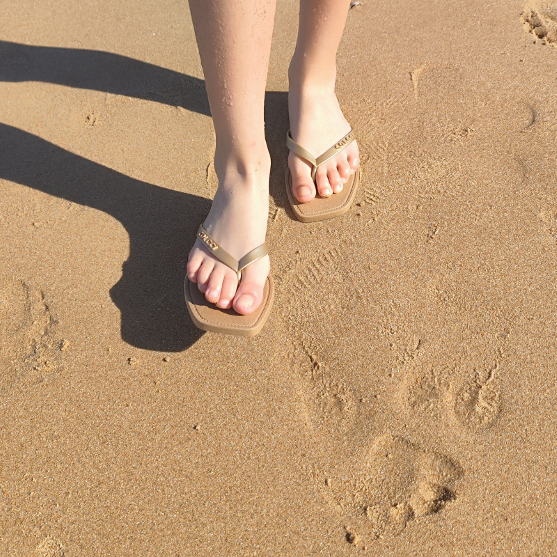 Este chinelo apresenta um design clássico e elegante, perfeito para os dias de verão na praia ou na piscina.  O modelo possui tiras finas na cor dourada, que adicionam um toque de sofisticação e estilo ao calçado. A palmilha é plana e confortável, feita de um material acolchoado que proporciona maciez aos pés, mesmo após longos períodos de uso. A sola é resistente e oferece boa aderência em superfícies molhadas, como areia e áreas próximas à água, garantindo segurança e estabilidade ao caminhar.