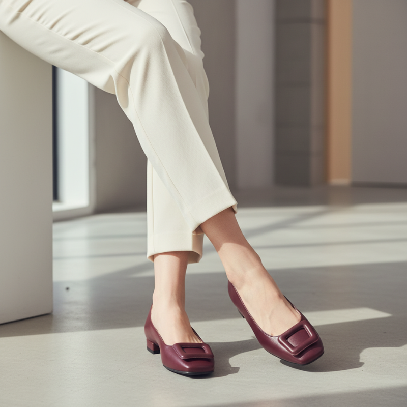 Esta sabrina em pele bordô destaca-se pela sua elegância discreta e qualidade superior.

Este modelo apresenta biqueira quadrada moderna com fivela decorativa em relevo, fabricada em pele genuína de tom vinho intenso e salto baixo que garante conforto ao longo do dia. A silhueta clássica adapta-se facilmente a diferentes estilos, desde looks profissionais a combinações mais descontraídas.