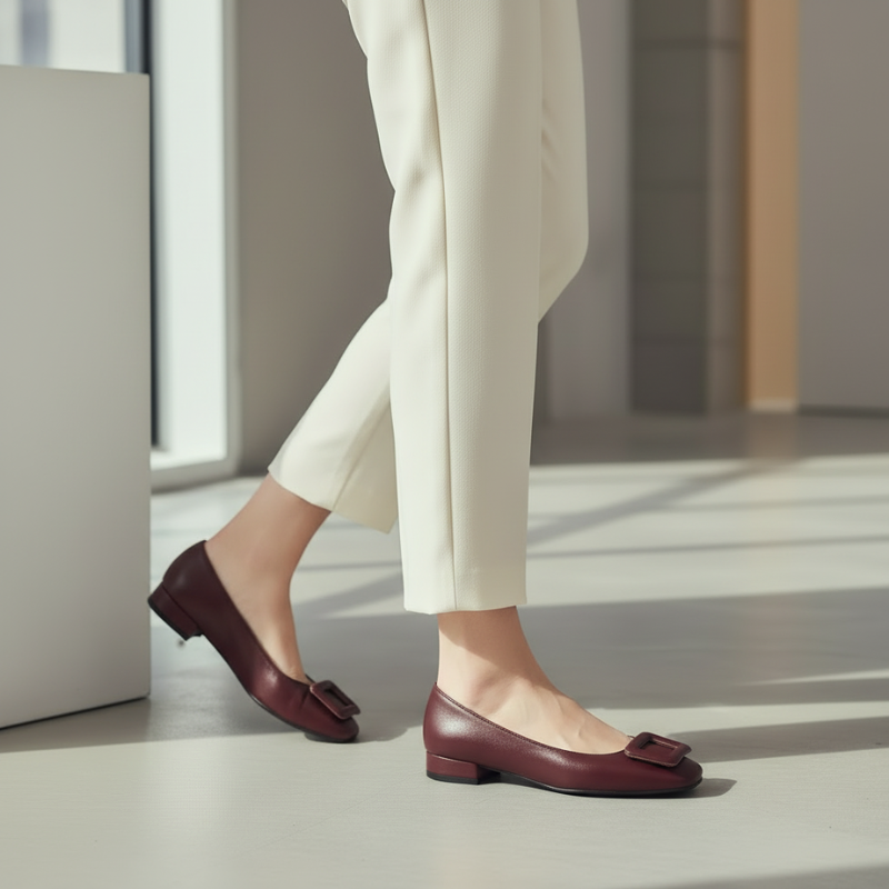 Esta sabrina em pele bordô destaca-se pela sua elegância discreta e qualidade superior.

Este modelo apresenta biqueira quadrada moderna com fivela decorativa em relevo, fabricada em pele genuína de tom vinho intenso e salto baixo que garante conforto ao longo do dia. A silhueta clássica adapta-se facilmente a diferentes estilos, desde looks profissionais a combinações mais descontraídas.