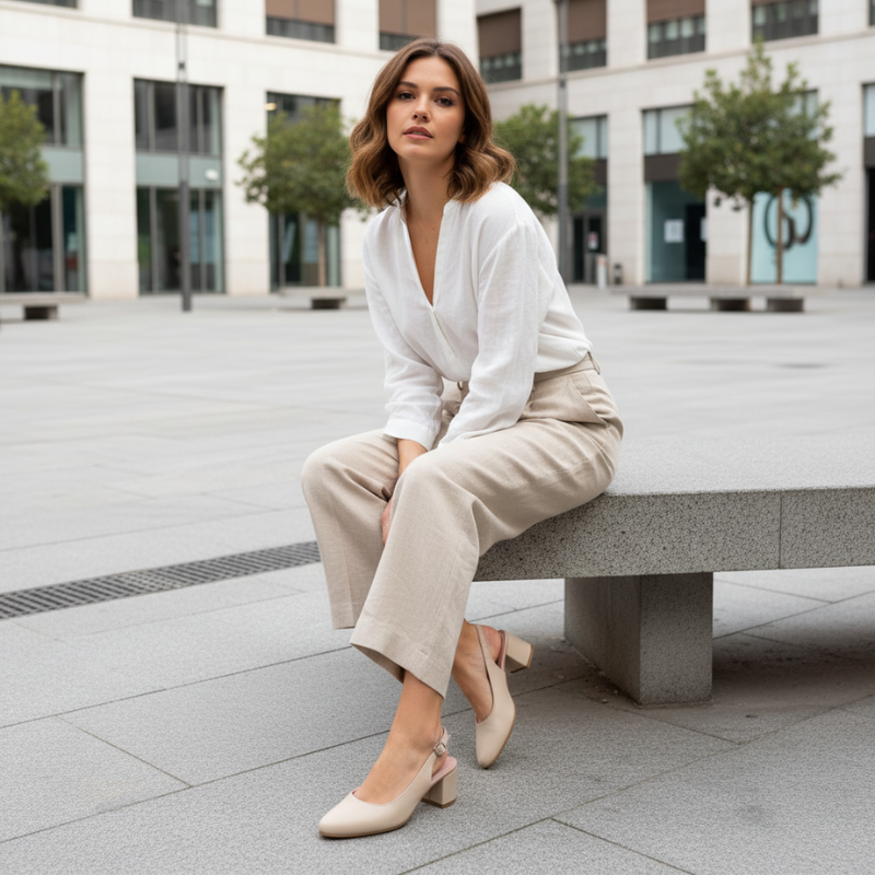 Descubra a elegância intemporal com estas sandálias slingback clássicas.

Confeccionadas em pele de alta qualidade com acabamento suave e sofisticado, estas sandálias destacam-se pelo seu design versátil e confortável. O salto bloco médio proporciona a altura ideal para alongar a silhueta sem comprometer o conforto, tornando-as perfeitas para uso durante todo o dia, seja no escritório ou em eventos especiais.