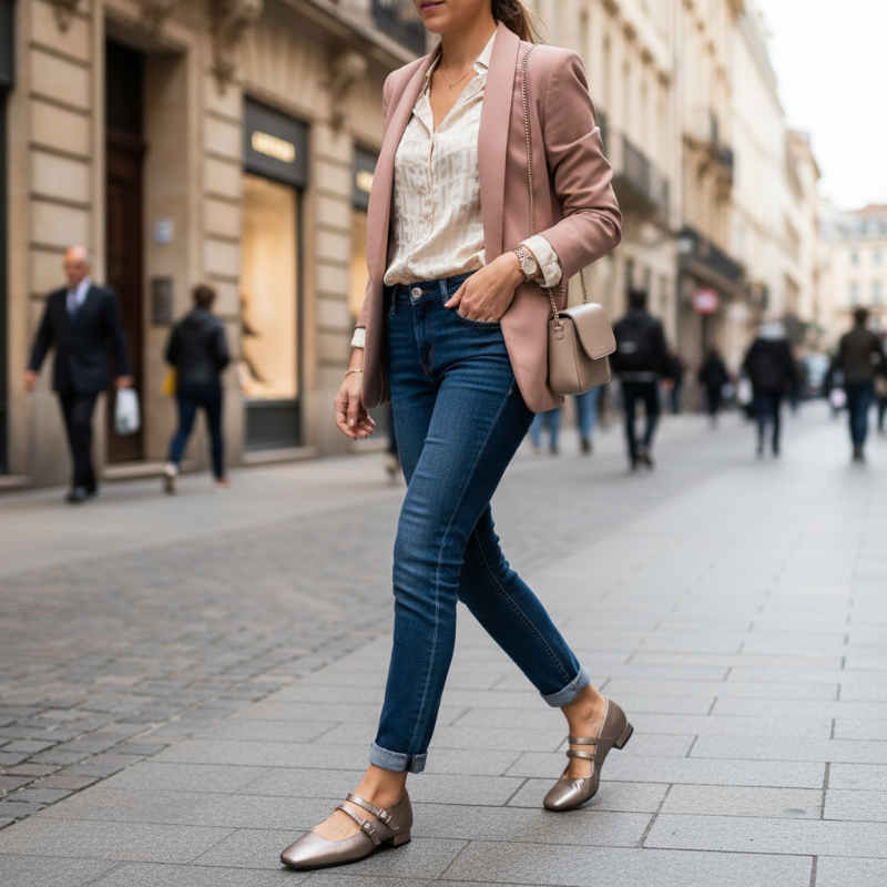 Eleve o seu estilo com este elegante sapato Mary Jane metalizado que combina sofisticação e conforto.

Confeccionado em pele com acabamento metalizado champagne/dourado, este modelo destaca-se pelo seu design intemporal e versátil. As duas tiras ajustáveis com fivelas prateadas garantem um ajuste perfeito e seguro, enquanto adicionam um toque de requinte ao conjunto. O salto baixo quadrado proporciona estabilidade e conforto para uso durante todo o dia, tornando este sapato ideal tanto para ocasiões formais