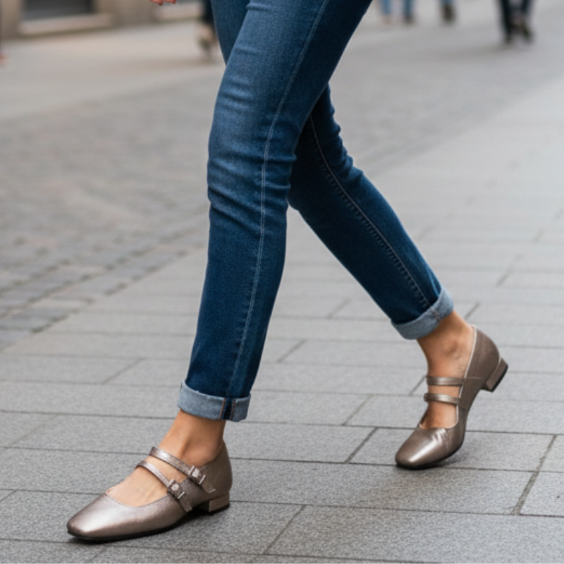 Eleve o seu estilo com este elegante sapato Mary Jane metalizado que combina sofisticação e conforto.

Confeccionado em pele com acabamento metalizado champagne/dourado, este modelo destaca-se pelo seu design intemporal e versátil. As duas tiras ajustáveis com fivelas prateadas garantem um ajuste perfeito e seguro, enquanto adicionam um toque de requinte ao conjunto. O salto baixo quadrado proporciona estabilidade e conforto para uso durante todo o dia, tornando este sapato ideal tanto para ocasiões formais