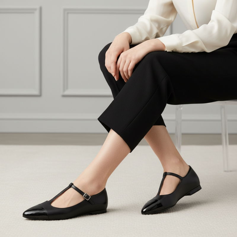 Eleve o seu estilo com estas sofisticadas Mary Jane em pele preta, um clássico intemporal reinventado com elegância contemporânea.

Apresentam uma biqueira pontiaguda em pele envernizada que adiciona um toque de brilho e modernidade, contrastando harmoniosamente com o corpo em pele mate. A icónica tira em T com fivela ajustável em metal dourado não só garante um ajuste perfeito e confortável, como também confere um detalhe distintivo e feminino ao design.