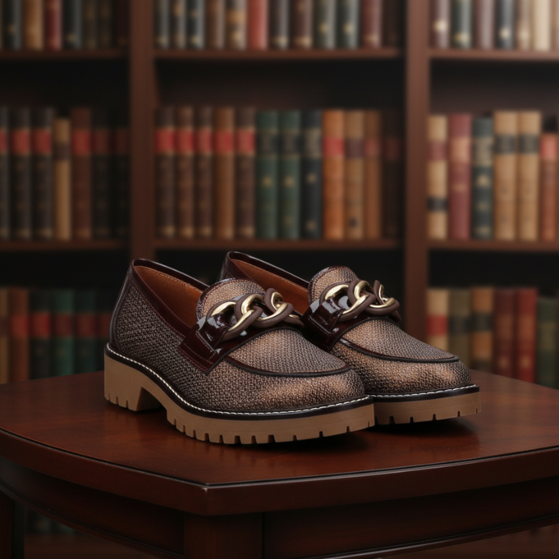 Este mocassim destaca-se pelo seu design elegante e atual, em tom castanho com acabamento texturado que acrescenta personalidade ao modelo.

O detalhe de corrente metálica dourada sobre a pala confere um toque sofisticado, enquanto a sola robusta com piso tratorado oferece um visual moderno e cheio de atitude.