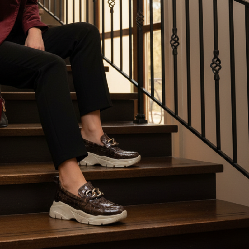 Este mocassim destaca-se pelo acabamento castanho-escuro brilhante com efeito croco, que confere um toque sofisticado e distinto ao modelo.

O detalhe da corrente dourada sobre a pala acrescenta elegância, enquanto a sola robusta em tom cru, com piso tratorado, cria um contraste moderno e atual.