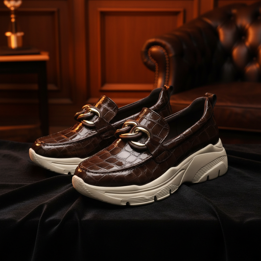 Este mocassim destaca-se pelo acabamento castanho-escuro brilhante com efeito croco, que confere um toque sofisticado e distinto ao modelo.

O detalhe da corrente dourada sobre a pala acrescenta elegância, enquanto a sola robusta em tom cru, com piso tratorado, cria um contraste moderno e atual.
