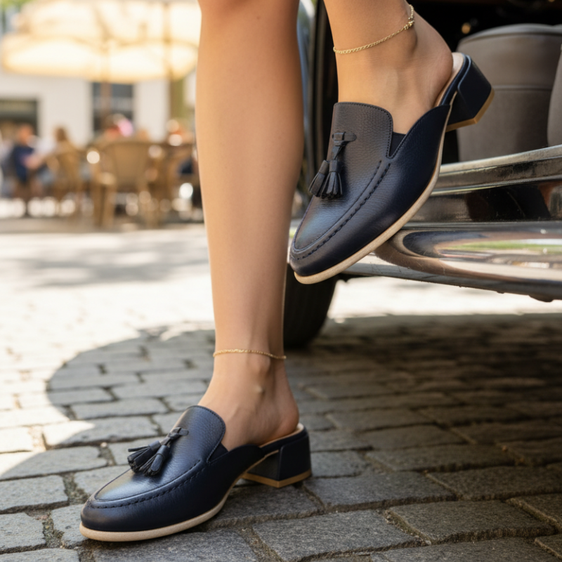 Reinvente o seu estilo com esta mule loafer em couro azul-marinho, a peça perfeita para quem procura praticidade sem abdicar da elegância.

Os berloques em couro são o elemento distintivo deste modelo, conferindo personalidade e um ar contemporâneo que se destaca. O tom azul-marinho profundo é uma alternativa sofisticada ao preto tradicional, trazendo cor ao seu guarda-roupa mantendo a versatilidade que procura. 