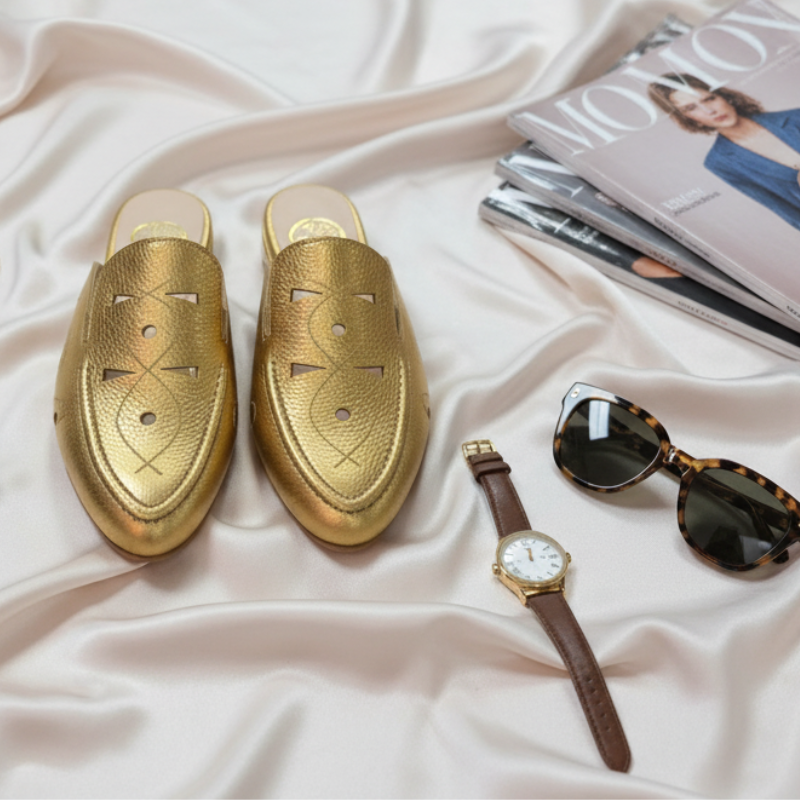 Brilhe com confiança com esta mule loafer em couro metalizado dourado, a peça que transforma qualquer look num momento de puro glamour.

Os detalhes perfurados ao longo do peito do pé adicionam textura e sofisticação ao design, criando um jogo visual interessante que eleva o conceito clássico do loafer. O salto bloco baixo em tons naturais cria um contraste harmonioso com o dourado vibrante, garantindo conforto para usar durante todo o dia.