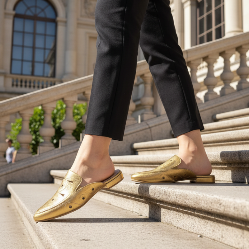Brilhe com confiança com esta mule loafer em couro metalizado dourado, a peça que transforma qualquer look num momento de puro glamour.

Os detalhes perfurados ao longo do peito do pé adicionam textura e sofisticação ao design, criando um jogo visual interessante que eleva o conceito clássico do loafer. O salto bloco baixo em tons naturais cria um contraste harmonioso com o dourado vibrante, garantindo conforto para usar durante todo o dia.