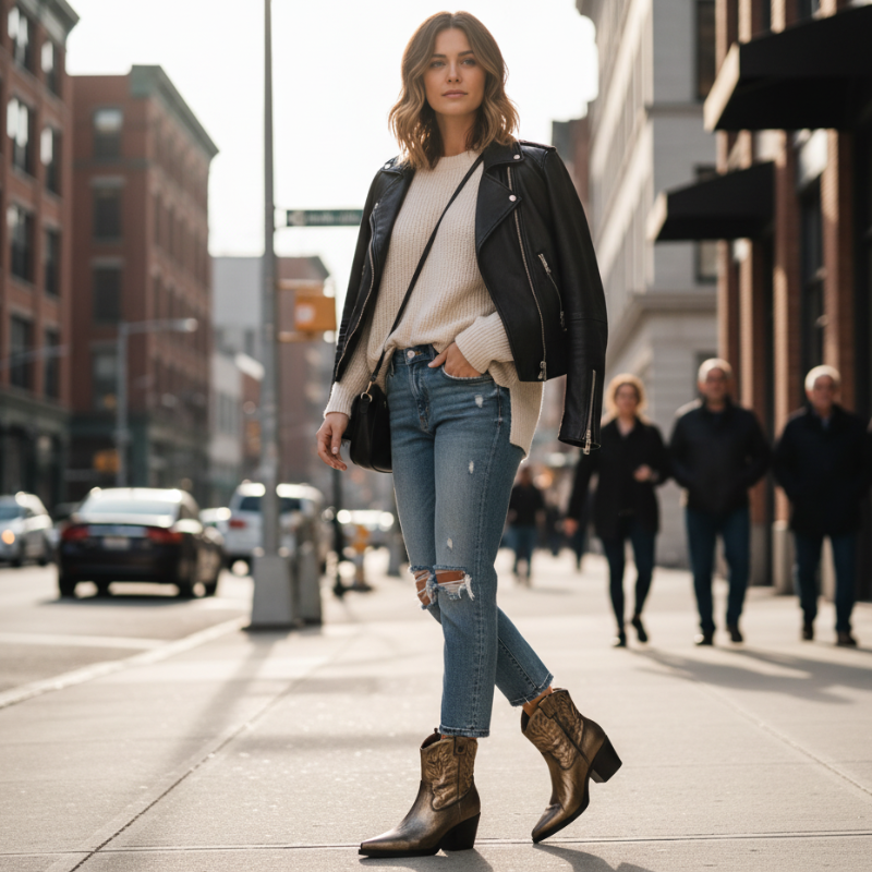 Este botim de inspiração western combina autenticidade e elegância num design marcante.

Com acabamento metalizado em tom dourado, destaca-se pela textura brilhante e pelos bordados decorativos no cano, que reforçam seu estilo texano clássico. O modelo possui forma bicuda e salto bloco médio, garantindo estabilidade e conforto ao caminhar, além de trazer um toque sofisticado ao visual.