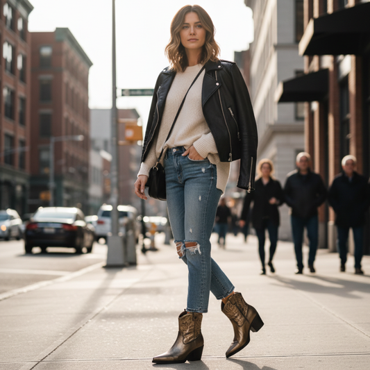 Este botim de inspiração western combina autenticidade e elegância num design marcante.

Com acabamento metalizado em tom dourado, destaca-se pela textura brilhante e pelos bordados decorativos no cano, que reforçam seu estilo texano clássico. O modelo possui forma bicuda e salto bloco médio, garantindo estabilidade e conforto ao caminhar, além de trazer um toque sofisticado ao visual.